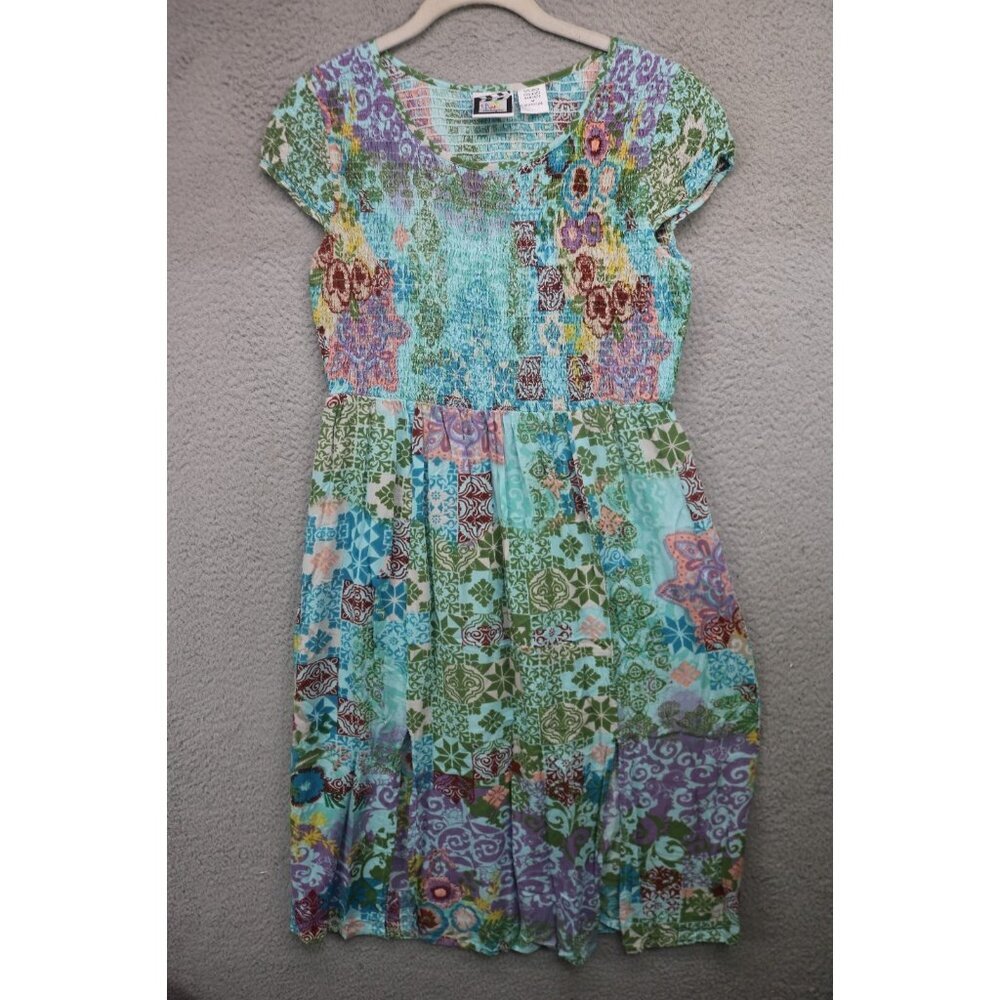 Take Two Smocked Patchwork Print Midi Dress-Medium-Front Slits-Cottagecore